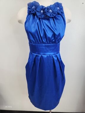 B. Smart Royal Blue Satin Sheath Dress Women 9/10 3D floral beaded neckline Twee